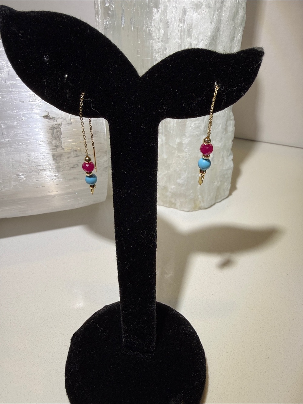 14k Solid Yellow Gold Threader Earrings with Ruby and Turquoise Beads